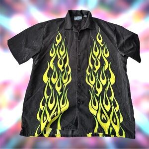 Vintage Sapphire Lounge Flame Shirt Men’s L Black Neon Green Y2K Skater Retro